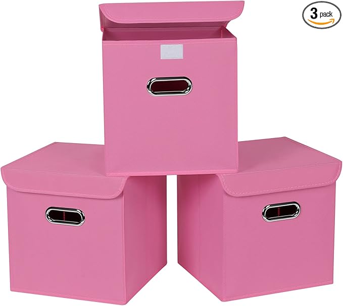 Closet Organizers Fabric Storage Bins With Lids Collapsible Cube Storages Organizer Basket With Handles,Storage Boxes for Clothes Storage,Office,Toys,3 Pack,（Pink