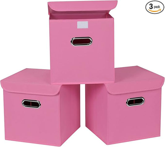Closet Organizers Fabric Storage Bins With Lids Collapsible Cube Storages Organizer Basket With Handles,Storage Boxes for Clothes Storage,Office,Toys,3 Pack,（Pink