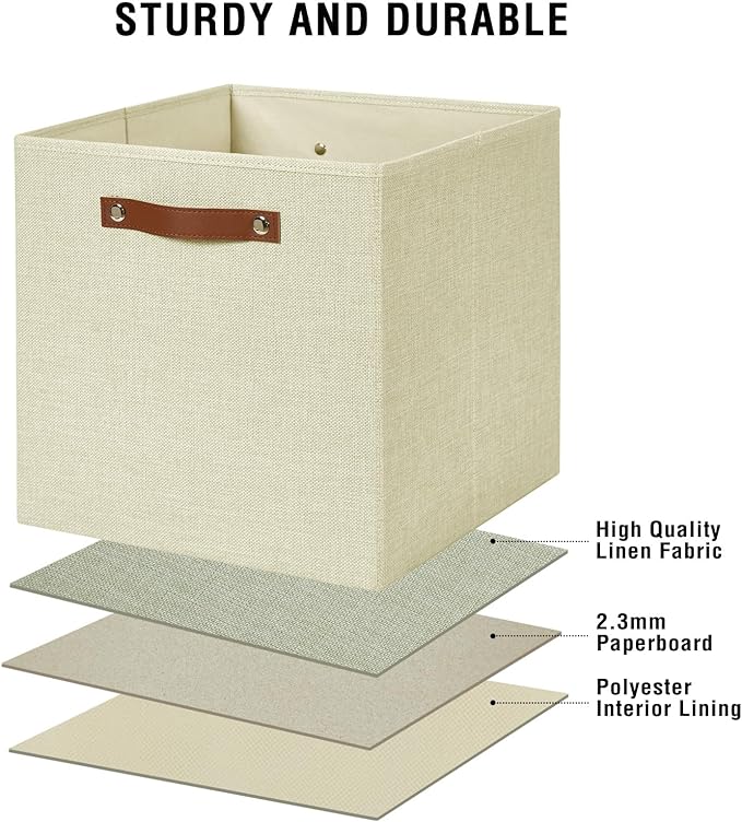 Bagnizer Collapsible Fabric Storage Cube Bins with 2 Reinforced PU Handles, Foldable Storage Organizer Baskets for Closet, Shelves, Living Room | 13"x13"x13", 4 Pack, Full Beige
