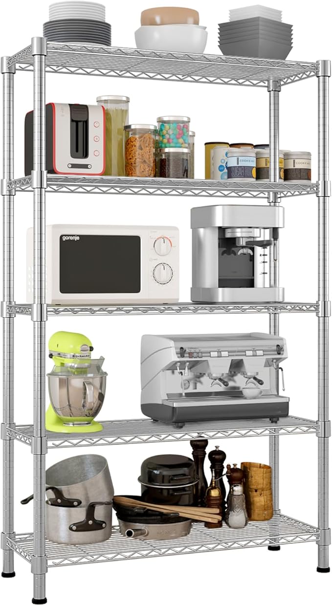 5 Tier Storage Racks Shelving, Heavy Steel Pantry Shelves, Adjustable Wire Shelving Rack, Suitable for Garage, Kitchen, Bathroom, Office, 35" W x 14" D x 71" H, Chrome