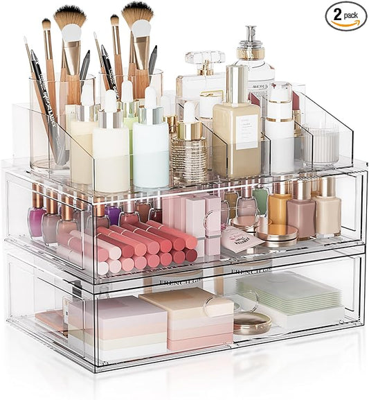 Clear Stackable Makeup Organizer with Drawer, 12''W Acrylic Storage Drawers, Cosmetic Display Case for Vanity Bathroom Countertop, Beauty Holder for Lipstick Brush Skincare Perfume
