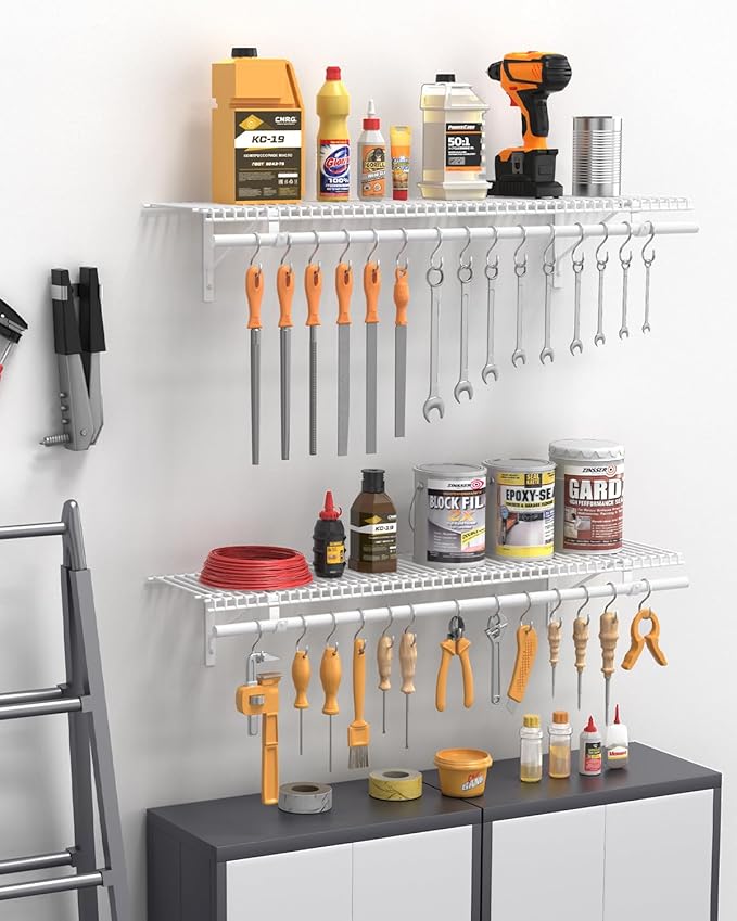 Supforce 2 Pack Closet Shelves with Triangular Brackets and Hanging Rod, 4FT X 12IN Wall Mounted Wire Shelving Orgnizer for Closet,Laundry Room,Pantry,Load Up to 150lb, White