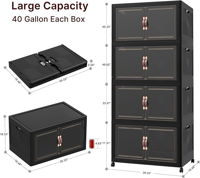 UAMFURI Extra Large Stackable Storage Bins with Lids & Wheels, 672QT-168QT/42GAL*4Pack Foldable Collapsible Closet Organizers Storage Cabinet with Doors for Bedroom Dorm