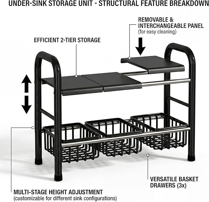 Under Sink Organizers and Storage, 2 Tier 20.9"-34.6" Expandable Length with 3 Removable Baskets and 3 Removable Panels Expandable Shelf for Cupboard,Kitchen,Bathroom, Black