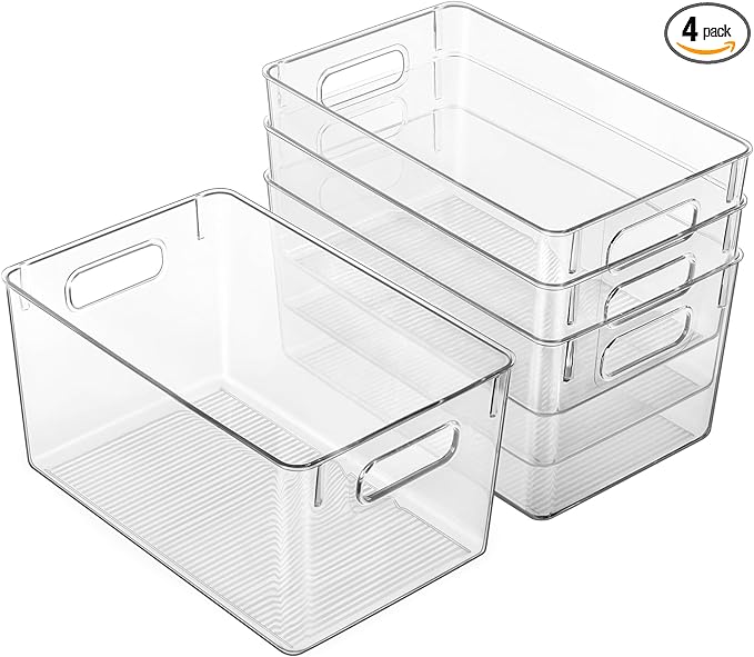 Hudgan Set of 4 Clear Plastic Storage Bins, 4 Large Storage Containers for Pantry Organizers, Home Edit, Kitchen Cabinet, Refrigerator, Under Sink Organization, Bathroom, Office