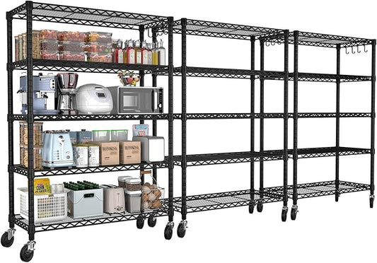 PrimeZone 74''H Wire Shelving 1250lbs 5 Tier Storage Shelves with Wheels NSF Certified Heavy Duty Steel Metal Shelf Adjustable Rolling Rack Kitchen Garage Closet Pantry Laundry 74''HX36''WX14''D 3PCS