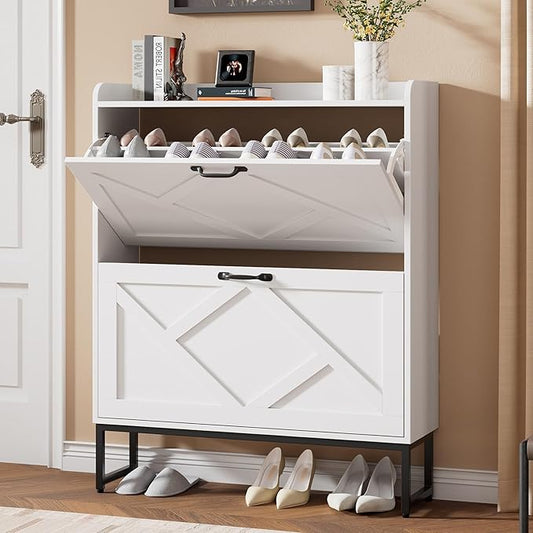 Nicetree Shoe Storage Cabinet with 2 Flip Drawers, Freestanding Shoe Organizer, Shoe Cabinet with Metal Legs, Narrow Shoe Rack Cabinet, Farmhouse Slim Shoe Cabinet for Entryway, Foyer, Hallway, White