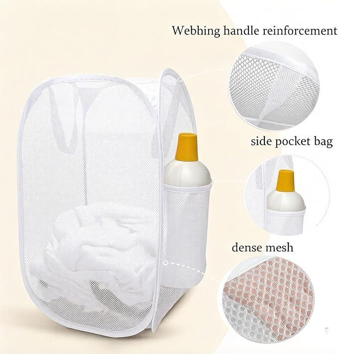 Pop up hamper, the upgraded laundry basket with breathable side pocket mesh. Ideal for room, apartment, dormitory, travel, business trip & kids storage(1,white)