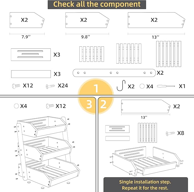 Bamboo 3 Tier Fruit Basket For Counter, Large Capacity Fruit Storage Countertop, Fruit Holder, Wooden Pantry Organizers and Storage, Kitchen Countertop Organizer With 2 Banana Hangers (Black)