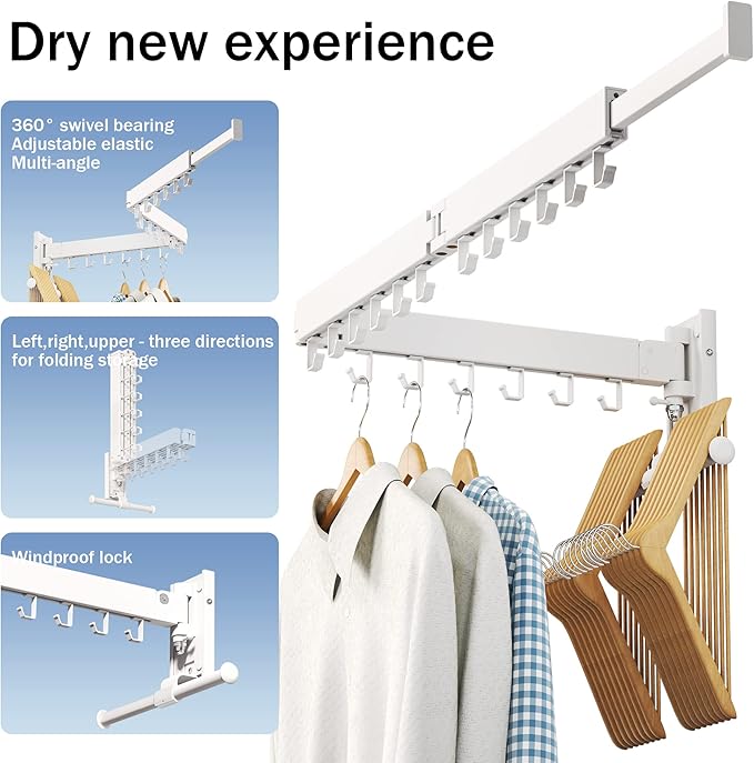 LIENAHU Drying Rack, Wall Mounted Clothes Rack, Aluminum, 220lbs Capacity, Foldable, White