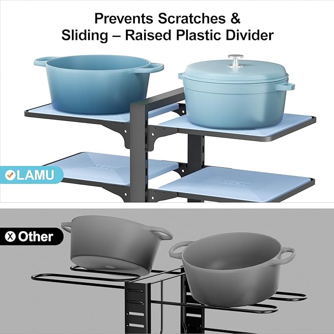 LAMU Pots and Pans Organizer under Cabinet, 8-Tier Heavy Duty Pan Organizers inside Cabinet, Adjustable Pot Rack for Small Kitchen Storage, 15" Height Holds Cast Iron Pans and Skillets Black