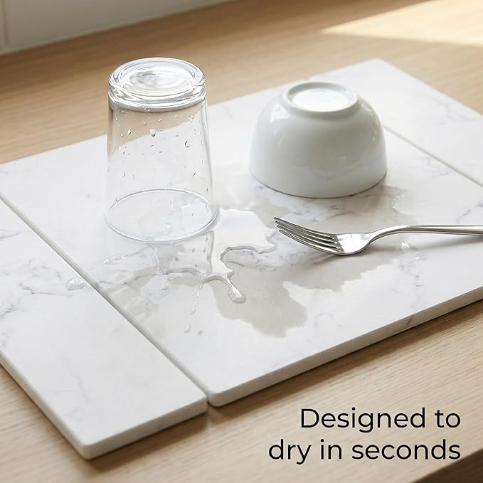 Selegna Collapsible Stone Drying Mat for Kitchen Counter – Tri-Panel Dish Drying Mat Made from Diatomaceous Earth | Quick Dry Diatomite Mat for Sink, Countertop & Dishes (White)