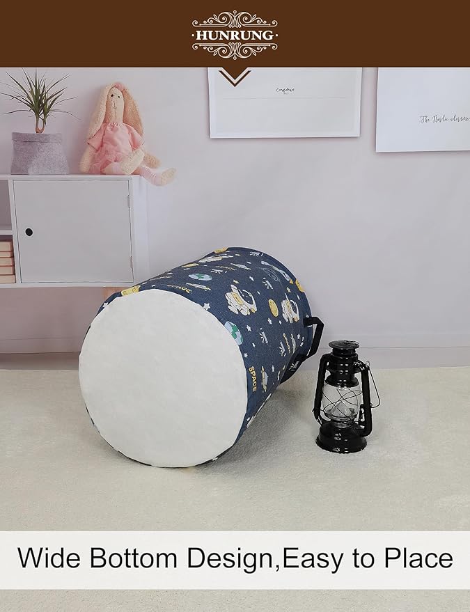 HUNRUNG Collapsible Fabric Storage Basket, Waterproof Laundry Hamper with Handles, Round Storage Bin for Clothes Toys, Foldable Organizer for Bedroom Nursery Bathroom(Round-Blue Space Astronaut)