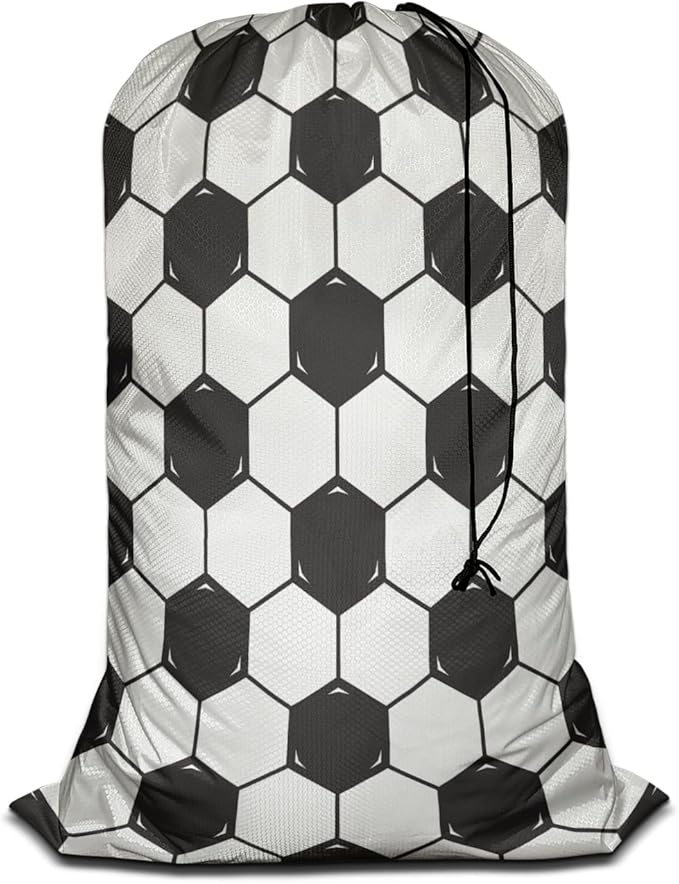 Swono Football Texture Laundry Bags with Locking Drawstring Closure for Travel, Home, Camping and Gym The Model With Black White Soccer 28" x 40", Oxford Cloth