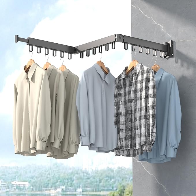Wall Mounted Clothes Hanger Rack Folding Wall Mounted Clothes Hanger for Laundry (3U Black)