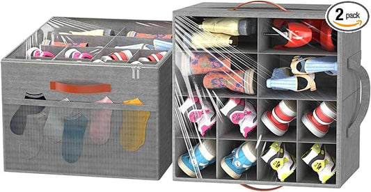 Aokeyee 2 Pack Shoe Organizer for Closet, Foldable Shoe Storage Organizer Box w/Clear Cover and 4 Reinforced Handles, Space Saving Shoes Bin Fits up to 32 Pairs, Grey