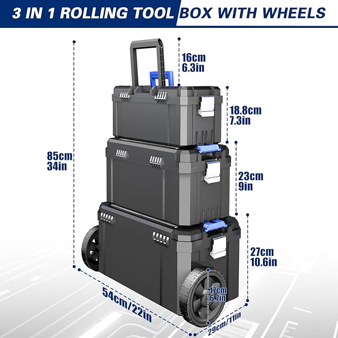 3-In-1 Tool Box with Wheels | Rolling Stackable Tool Box | Modular Tools Storage System | Small Toolbox with Detachable Parts Box Organizer丨Portable Toolbox for Garages,Home DIY,Workshop丨17+19+21"
