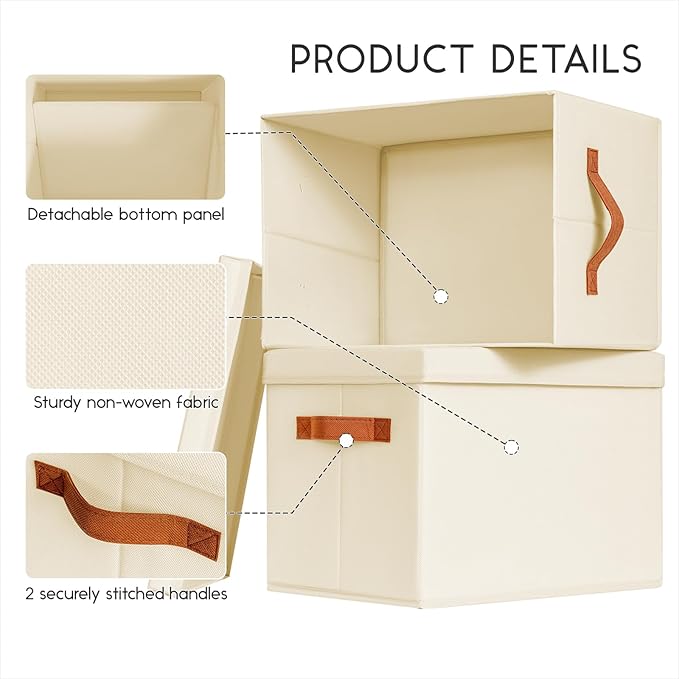 Homsorout Storage Bins with Lids - Fabric Storage Baskets for Shelves, 6 Pack Foldable Decorative Boxes with Handles, Stackable Organizer Bins for Home, Nursery, Dorm, Beige