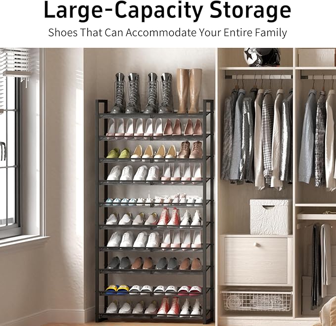Shoe Rack, 10-Tier Metal Shoe Organizer, Tall Shoe Rack for Closet,entryway,Garage, with Adjustable Flat or Angled Shelves, 42-50 Pairs,Shoes that can accommodate The Whole Family.