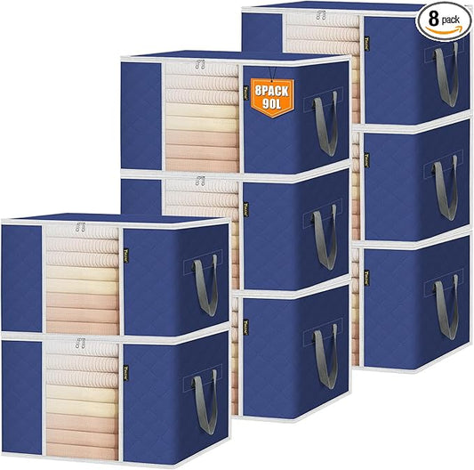 BALEINE 8 Pack Clothes Storage Bags, 24 Gallon Storage Containers with Reinforced Handle, Sturdy Zipper, Closet Organizer for Blanket, Comforter, Pillow, Bedding (Blue, 8 Pack)