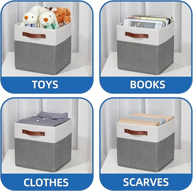 Temary Cube Storage Bins 4 Pack Storage Cubes 11?11 Fabric Storage Bins Foldable Cube Storage Baskets with Handles, Collapsible Storage Basket for Shelf (White & Grey, 11 x 11 x 11)
