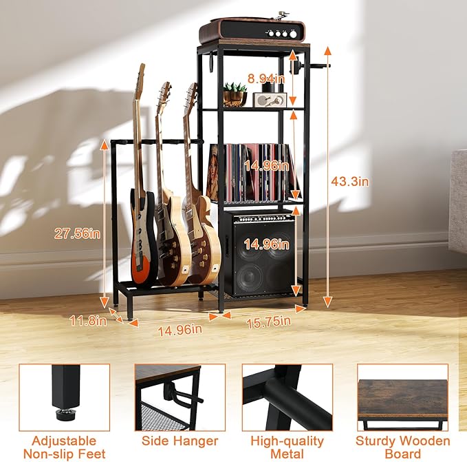 Multi Guitar Stand Rack, Guitar Stand with 4 Holder Position for Acoustic, Electric Guitar, Bass, Guitar Rack for Multiple Guitars with 4 Tier Storage Shelves for Guitar Amp Accessories