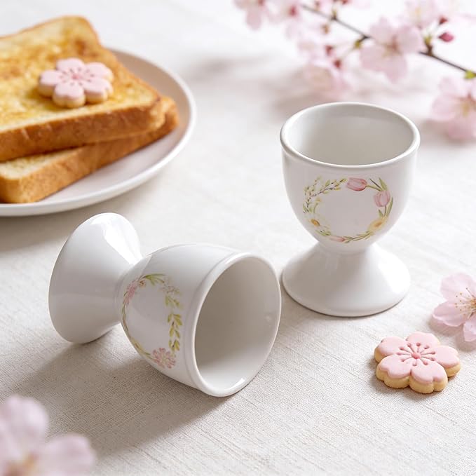 Cinf Ceramic Egg Cup Set of 2 Porcelain Holder Breakfast Boiled Cooking Easy to Clean Childhood Memories Kitchen(Floral)