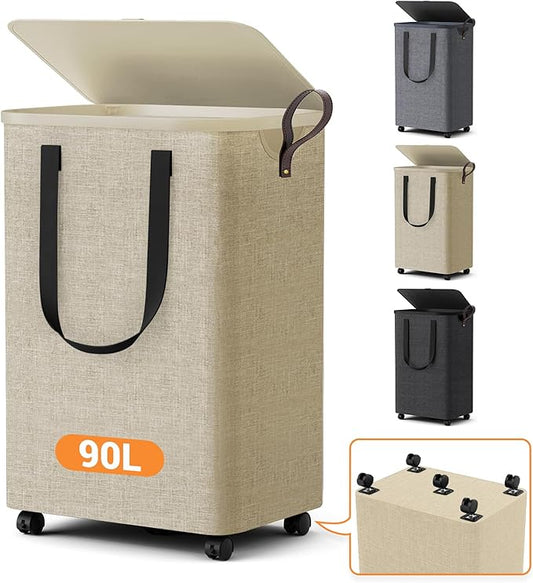 Laundry Basket with 5 Wheels, Tall Dirty Laundry Hamper, Rolling Laundry Basket with Lid, Large 90L Collapsible Clothes Hamper for Laundry Room Bedroom Bathroom Dorm, Khaki