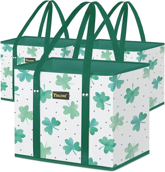 BALEINE 3Pk Reusable Grocery Bags, Foldable Shopping Bags for Groceries with Reinforced Bottom & Handles (Clover)
