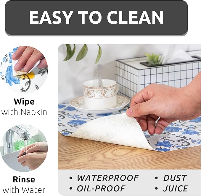 FIFTY FEET 12X120 Inch Shelf Liner for Kitchen Cabinets, PVC Drawer Liner for Dresser Non-Slip Bathroom, Non-Adhesive Cabinet Liner Washable (Blue Floral)(1 Roll)