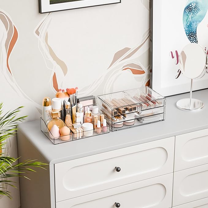 Yieach Acrylic Make up Organizers for Counter,Desk and Vanity,2 Pack Stackable Bathroom Counter Organizer with Drawers,Large Clear Makeup Organizers and Storage for Skincare,Cosmetic,Beauty Products