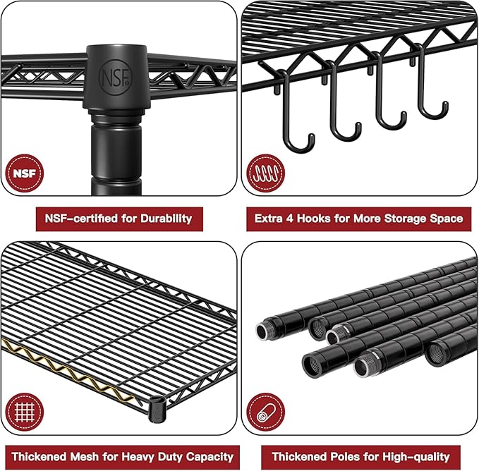 PrimeZone 74''H Wire Shelving 1250lbs 5 Tier Storage Shelves with Wheels NSF Certified Heavy Duty Steel Metal Shelf Adjustable Rolling Rack Kitchen Garage Closet Pantry 4pcs 74''HX36''WX14''D 4pcs