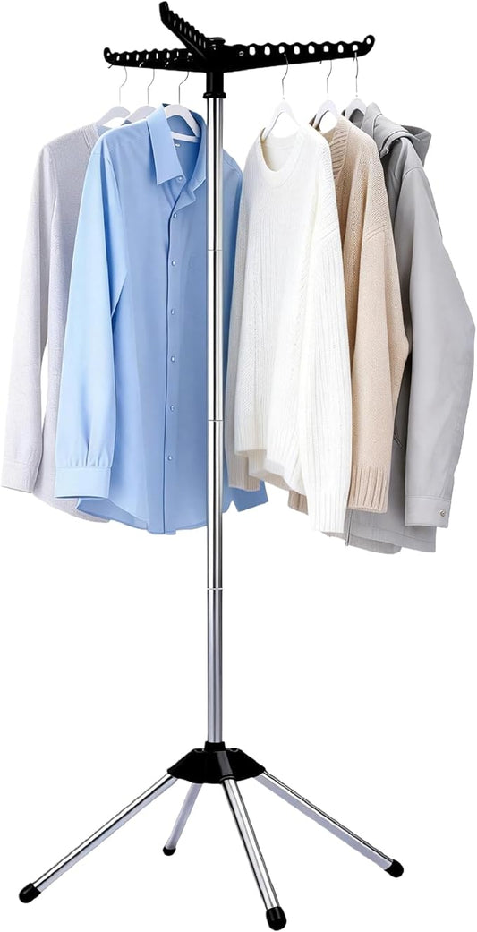 Beaudaily Clothes Drying Rack, Foldable Laundry Drying Rack, Indoor 59-Inch Drying Rack Clothing with 3 Rotatable Arms, Stainless Steel, Holds 27 Pieces, Space Saving, Portable, Black and Silver