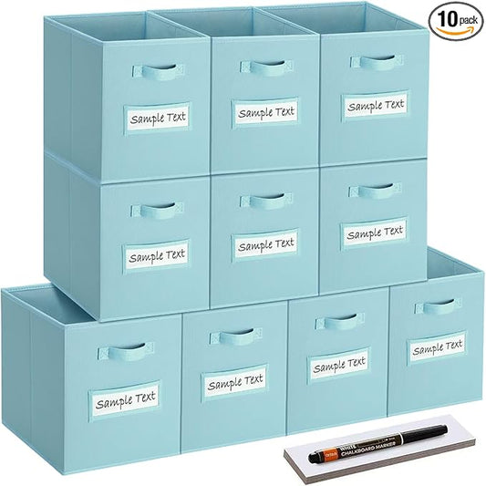 artsdi 11x11 storage cube bins (Set of 10) Foldable Fabric storage cubes with 10 Labels Window Cards & a Pen,11 inch cube storage bin,Closet Organizers for Shelves,Cubby Organizer Boxes,Blue