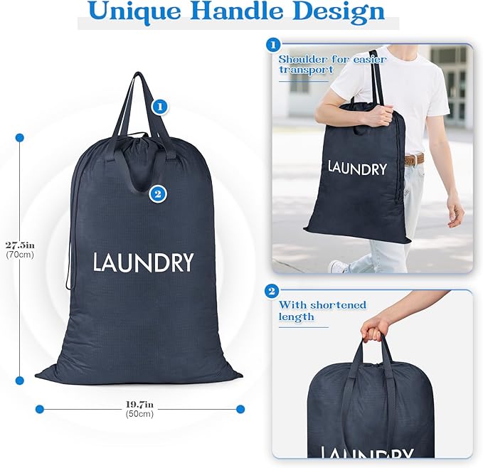 Heavy Duty Laundry Bag, Washable Nylon, Splash-Resistant Dirty Clothes Storage Bag with Drawstring & Handles丨Lightweight, Foldable & Space-Saving for College Dorm, Camping, Trips, Cruise, 50L,Navy