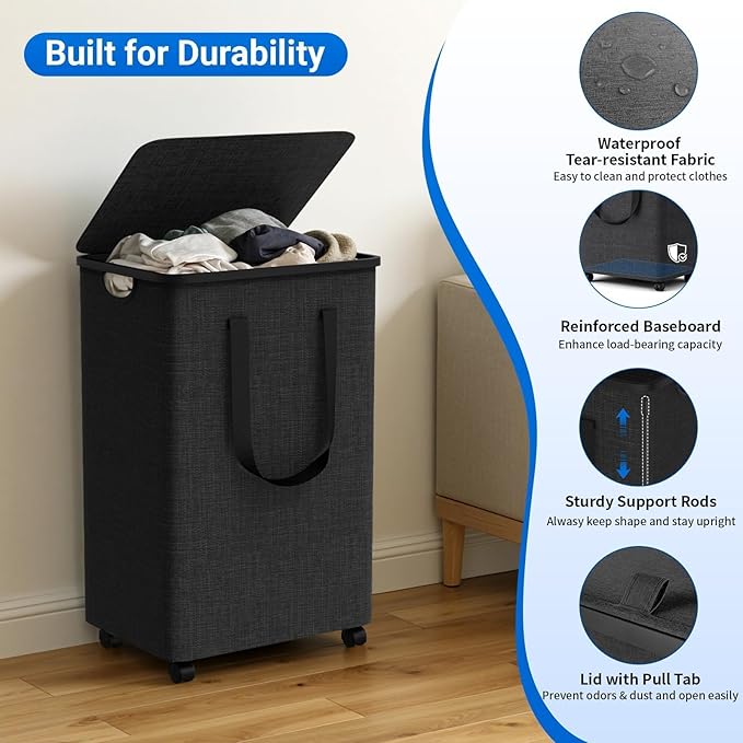 Laundry Basket with 5 Wheels, Tall Dirty Laundry Hamper, Rolling Laundry Basket with Lid, Large 90L Collapsible Clothes Hamper for Laundry Room Bedroom Bathroom Dorm, Dark Gray