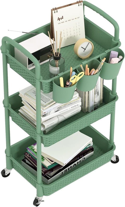 MOYIPIN 3-Tier Plastic Rolling Utility Cart with Handle,Utility Storage Cart for Office, Living Room, Kitchen,Movable Storage Organizer Shelves,Green with 6 Hanging Cups