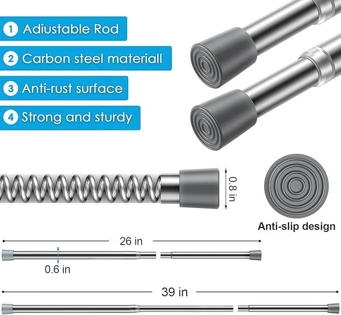 MEXAU 1Pcs Spring Tension Curtain Rod 26-39 inch Spring Tension Rods Silver Tension Rods Adjustable Spring Rod Extendable Tension Rod For Kitchen, Bathroom, Window, Bookshelf,Closet.