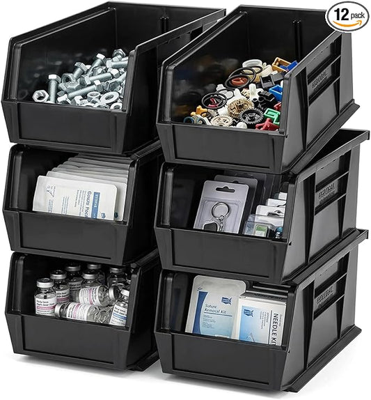 Quantum Storage QUS230 Heavy-Duty Stackable Plastic Storage Bins for Workshop, Warehouse & Garage, Ultra Stack & Hang, 10-7/8" x 5-1/2" x 5", Black, 12-Pack