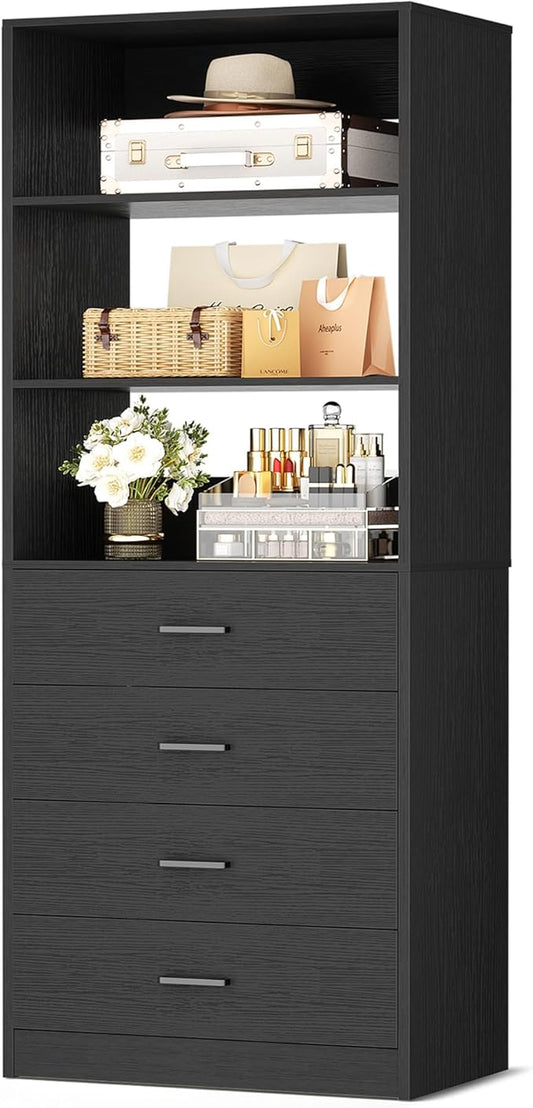 Aheaplus Closet Drawers Organizer System, 21.3" Wood Closet System with 4 Drawers, Modular Walk-in Closets Storage Unit, Tall Bookshelf Storage Cabinet, Black