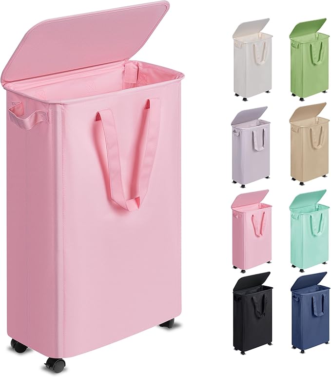 Vincona Slim Laundry Hamper with Lid and Wheels, Small Rolling Laundry Basket with Handle for Small Spaces, Tall Dirty Clothes Hampers for Dorm, Bathroom and Bedroom, 55L, Pink