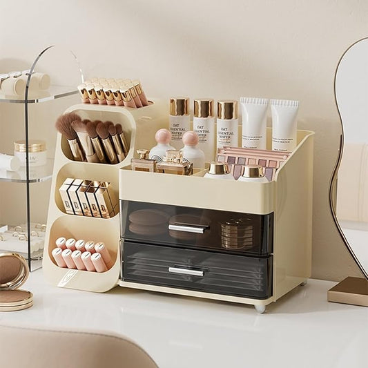Booklov Makeup Organizer for Vanity, Large Capacity Cosmetic Display Case with Clear Acrylic Drawer, Countertop Beauty Storage Holder for Skincare, Brush Eyeshadow Lipstick Counter Desk, Crystal Cream