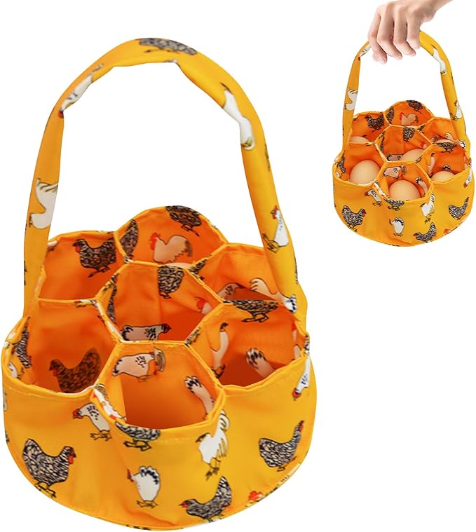 Egg Collecting Basket, Canvas Egg Holder Eggs Gathering Bags with 7 Pouches, Chicken Farmhouse Housewife Hen Duck Goose Garden Transporting Storage (Orange)