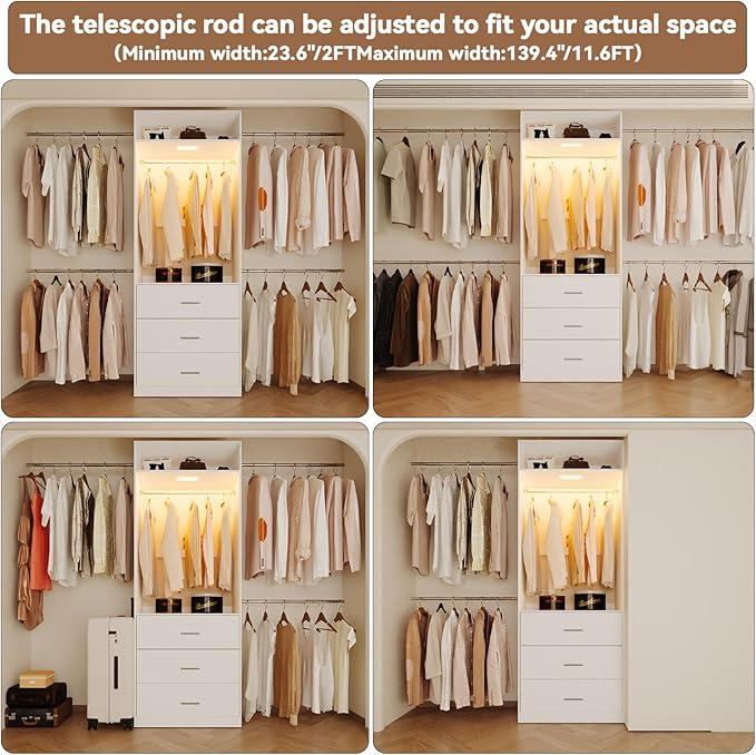 Wooden Closet System With LED Light 11FT Closet Organizer with 3 Wooden Drawers Walk-in Closet Organizer System with Tower and 4 Extendable Hanging Rods White