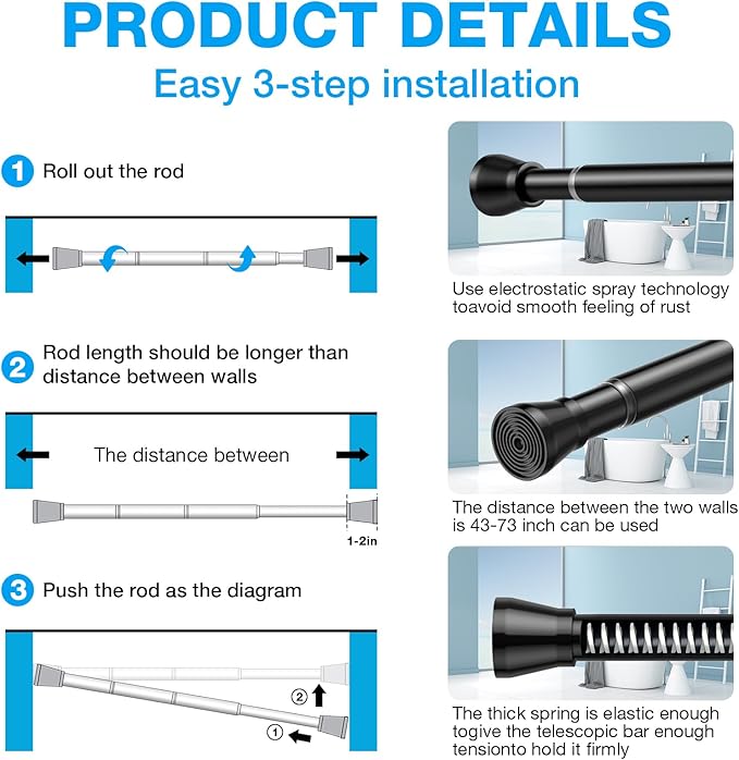 MEXAU Shower Curtain Rod 44-77 inch Black Tension Rod Shower rod Non Slip Tension Curtain Rod Adjustable Curtain Rods No Drilling Shower Rods for Bathroom Windows Closet