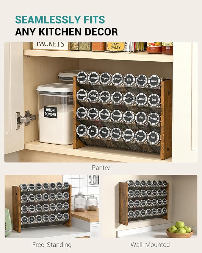 NESAPTO Spice Rack Organizer for Cabinet, Wooden 4 Tier Vertical Seasoning Organizers for Kitchen Pantry, Countertop/Wall Mount, Holds 28 Spice Jars (No Jars Included), 14" W × 9.4" H