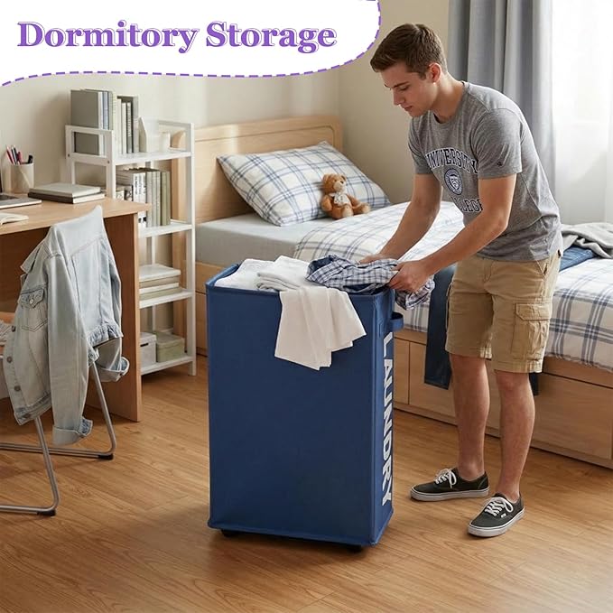 Narrow Laundry Basket with Wheels, 42L Slim Rolling Laundry Hamper with Brake, Collapsible Dirty Clothes Hamper with Mesh Cover & Handle, Storage Bin for Dorm, RV, Small Spaces, Navy Blue