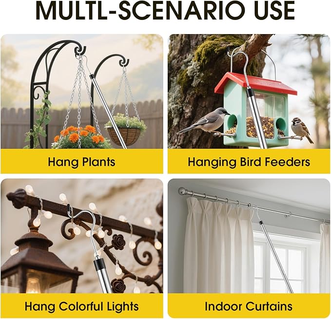 Clothes Hook Pole, Extendable from 35" to 50" Stainless Steel Closet Pole Reacher with S-Shaped Hook for Hanging Clothes, Plants, Lights