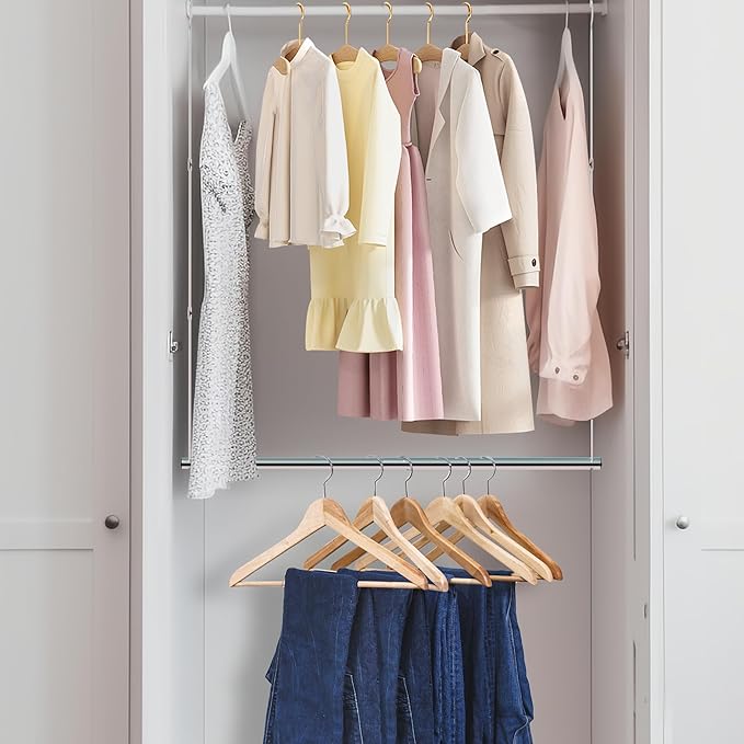 Hanging Closet Rod, 17-29In Adjustable Width and Up to 37In Height Adjustable Closet Rod Extender, Double Closet Rods Hanging Bar, Space-Saving Tension Hanging Organizer, Chrome, 1 Pack