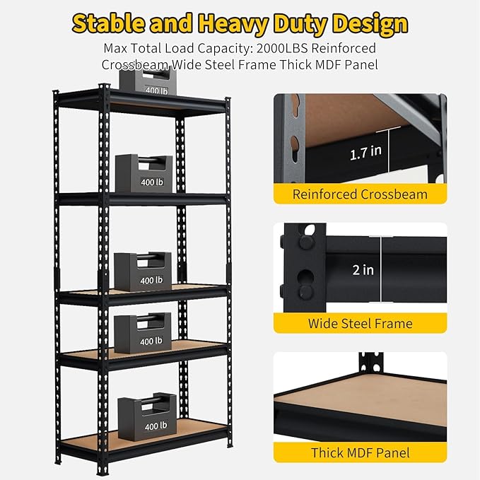 Heavy Duty Storage Shelves 5-Tier Shelving Unit, 2500 LBS Capacity Metal Rack for Garage Kitchen Pantry, Adjustable Shelves, 35" L x 18" W x 72" H